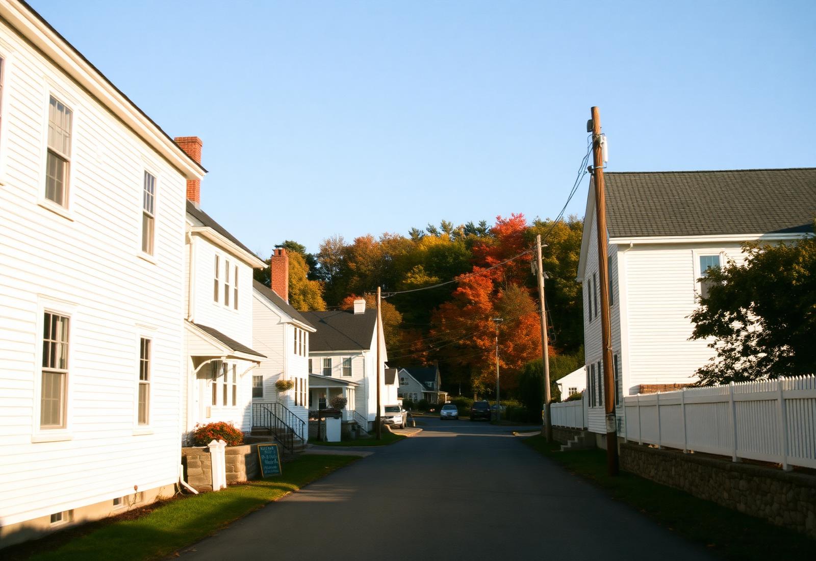 A quiet New England village street in autumn